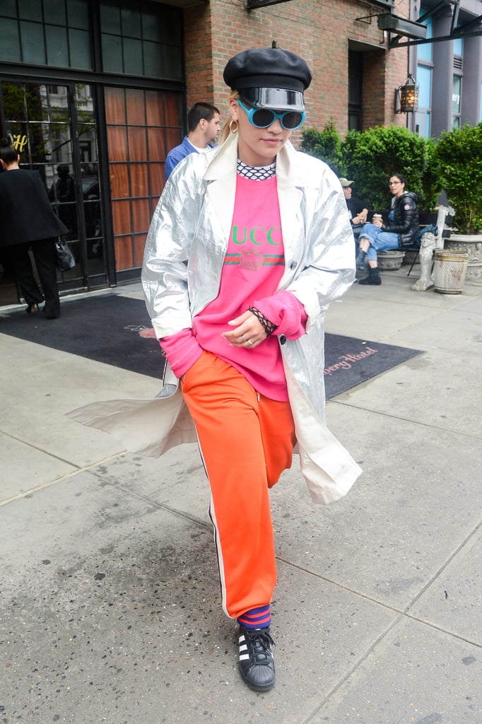 Rita Ora Styled Her Pink Pullover With Orange Sweats