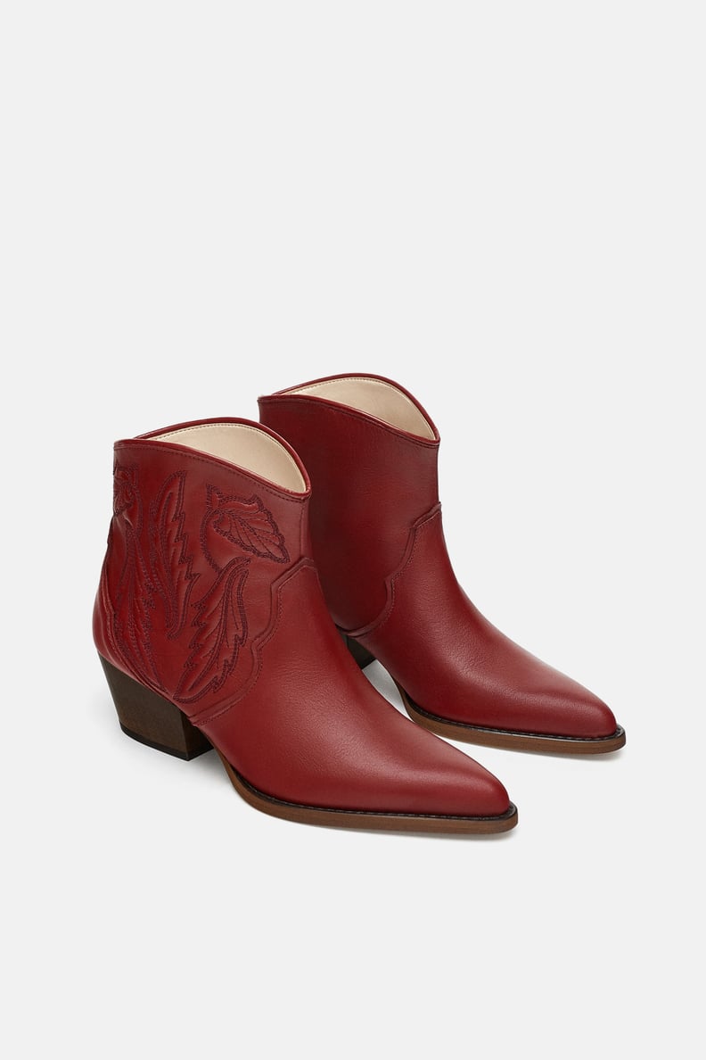 Zara Embroidered Leather Cowboy Ankle Boots