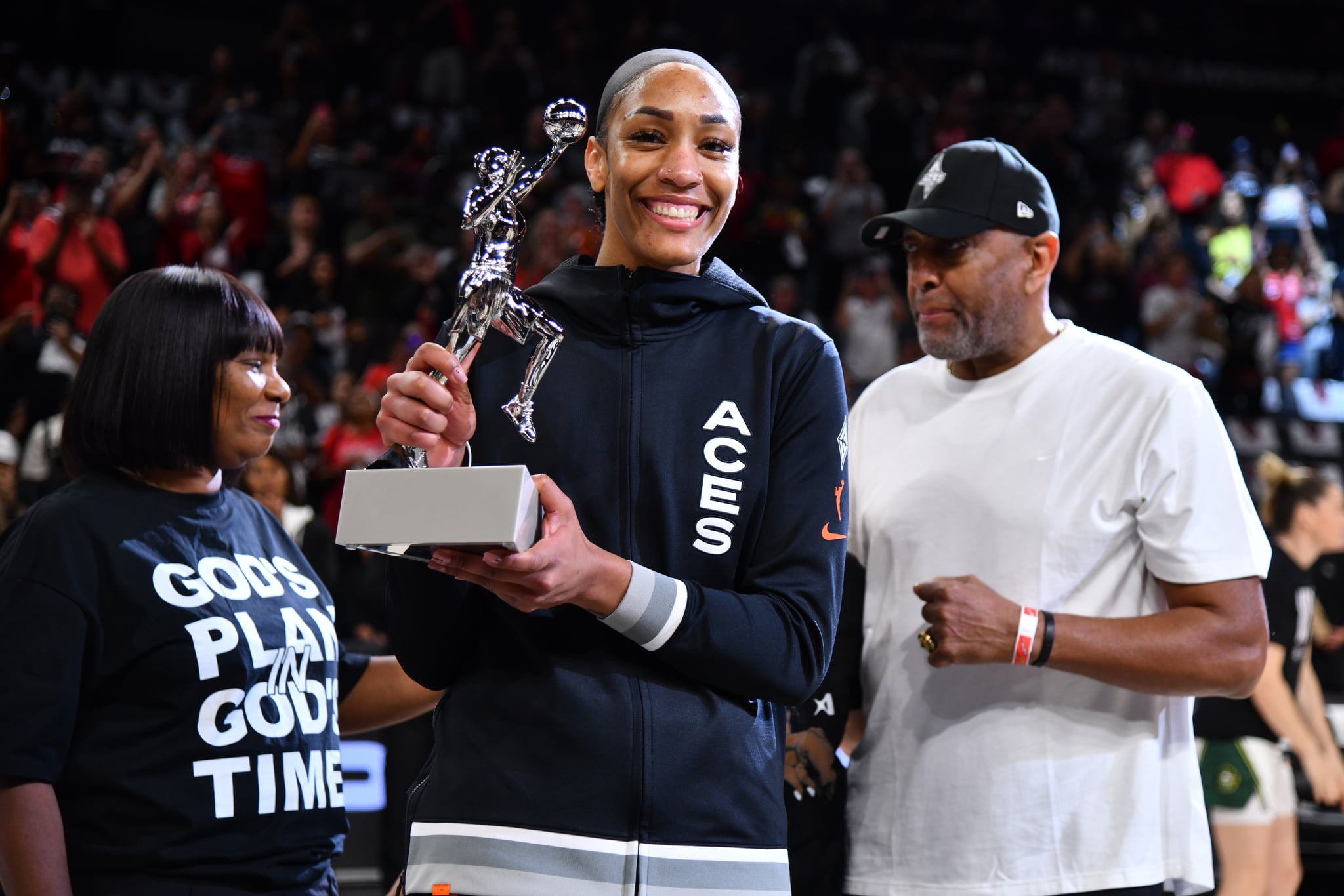 LAS VEGAS, NV - SEPTEMBER 22: A'ja Wilson #22 of the Las Vegas Aces receives the WNBA Most Valuable Player award before the game against the Seattle Storm during Round one Game one of the 2024 WNBA Playoffs on September 22, 2024 at Michelob ULTRA Arena in Las Vegas, Nevada. NOTE TO USER: User expressly acknowledges and agrees that, by downloading and or using this photograph, User is consenting to the terms and conditions of the Getty Images License Agreement. Mandatory Copyright Notice: Copyright 2024 NBAE (Photo by Barry Gossage/NBAE via Getty Images) LAS VEGAS, NV - SEPTEMBER 22: A'ja Wilson #22 of the Las Vegas Aces receives the WNBA Most Valuable Player award before the game against the Seattle Storm during Round one Game one of the 2024 WNBA Playoffs on September 22, 2024 at Michelob ULTRA Arena in Las Vegas, Nevada. NOTE TO USER: User expressly acknowledges and agrees that, by downloading and or using this photograph, User is consenting to the terms and conditions of the Getty Images License Agreement. Mandatory Copyright Notice: Copyright 2024 NBAE (Photo by Barry Gossage/NBAE via Getty Images)