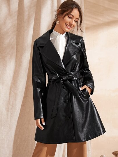 Shein Notched Collar Single Breasted Belted Faux Leather Coat