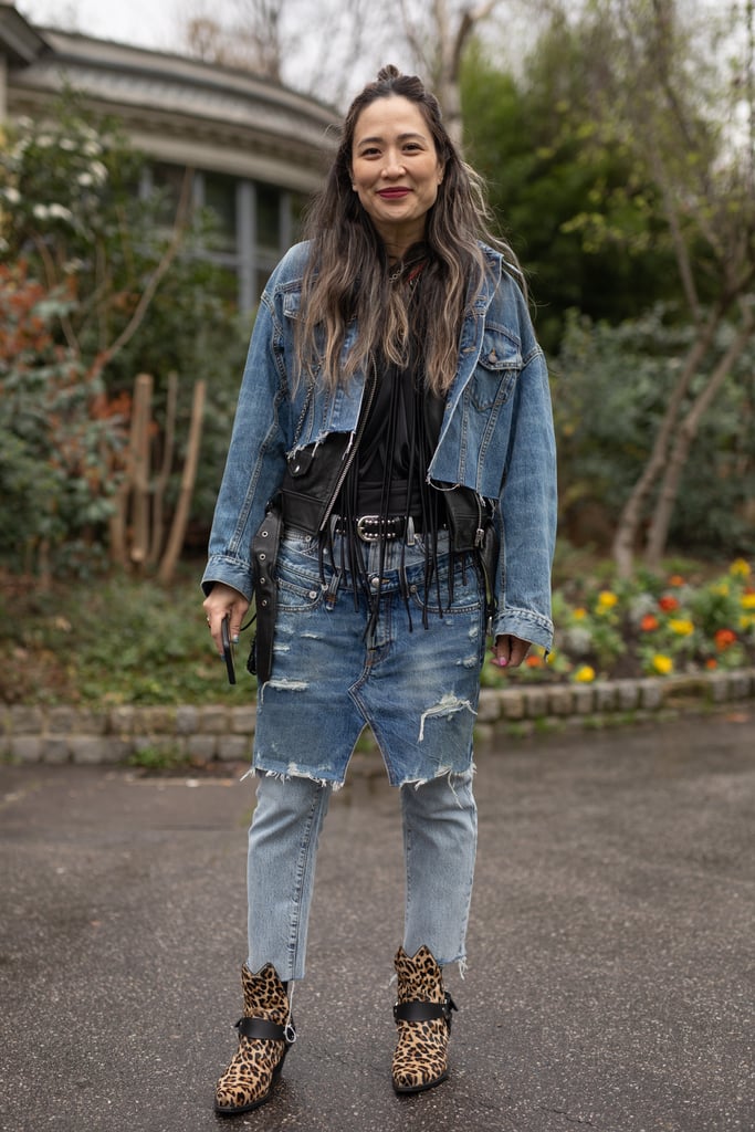 Go the edgy route with a frayed denim jacket and skirt-jean hybrid.