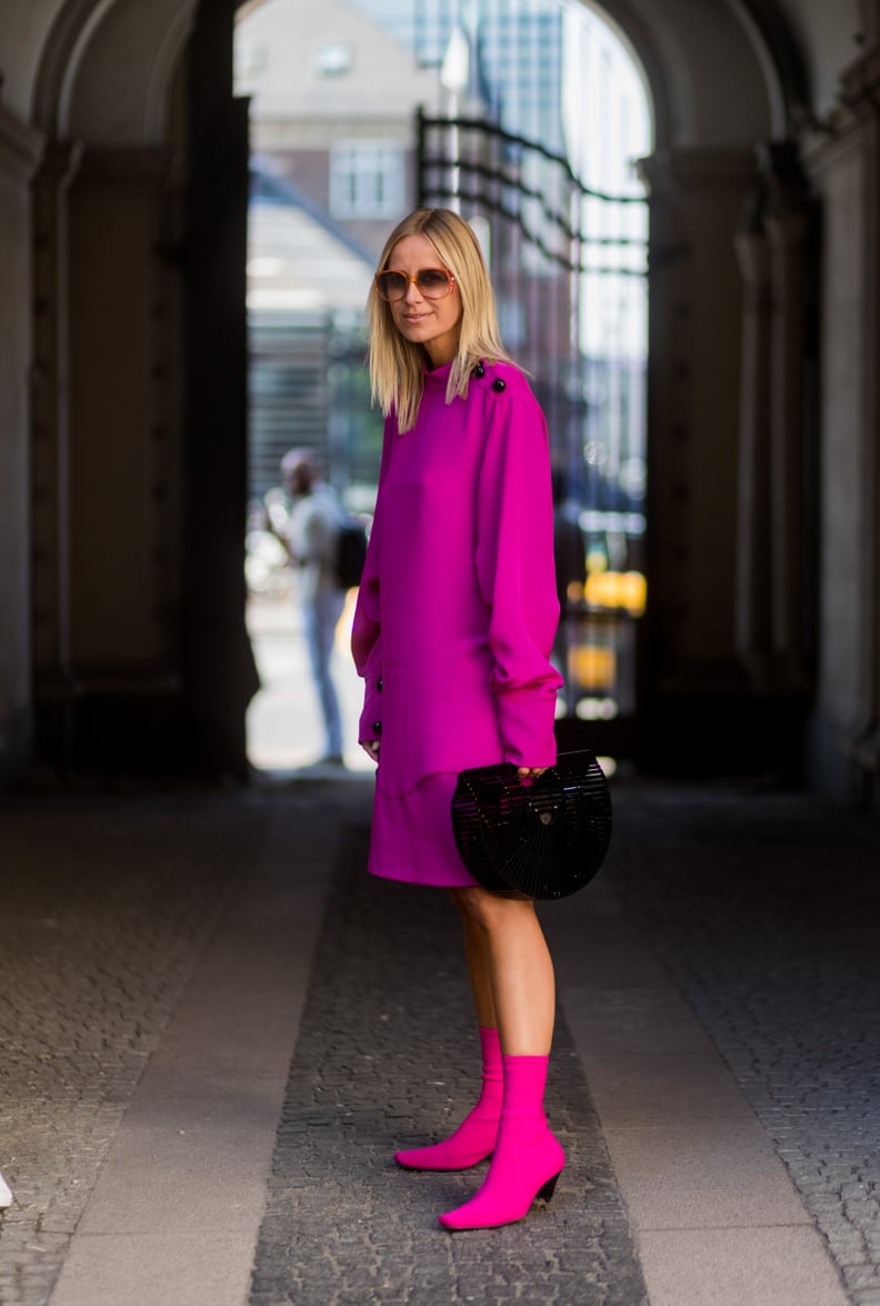 Go For a Monochrome Look With a Purple Dress and Matching Sock Boots