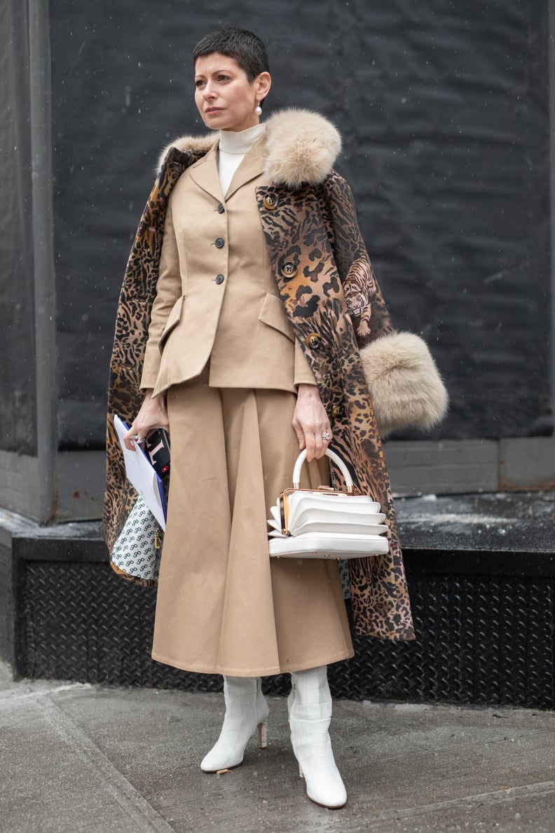 Style Your Leopard-Print Coat With: A Camel Suit and White Accessories