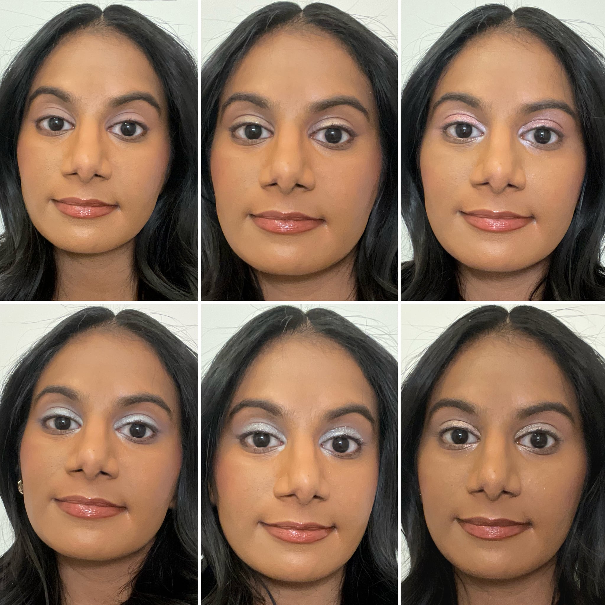 Woman trying six eyeshadow looks using the Huda Beauty Icy Nude eyeshadow palette.