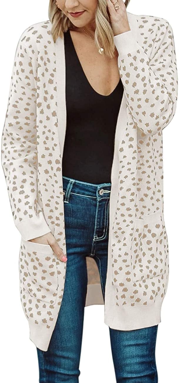 OUGES Women's Leopard Print Long Cardigan Open Front Lightweight Knit Cardigan Sweater with Pockets 