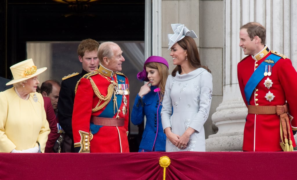 Prince Philip, Duke of Edinburgh had Kate and Prince William laughing as they stood on the balcony of Buckingham Palace that year.