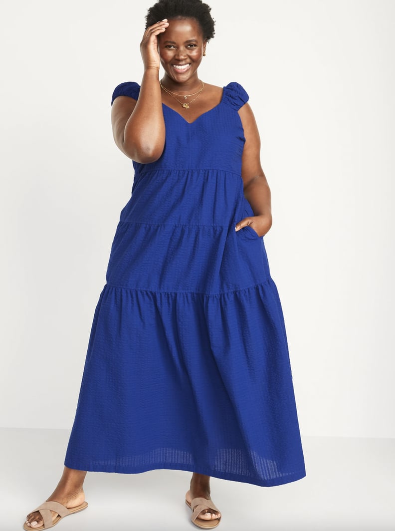 Old Navy Tiered Seersucker All-Day Dress in Catalyst Blue