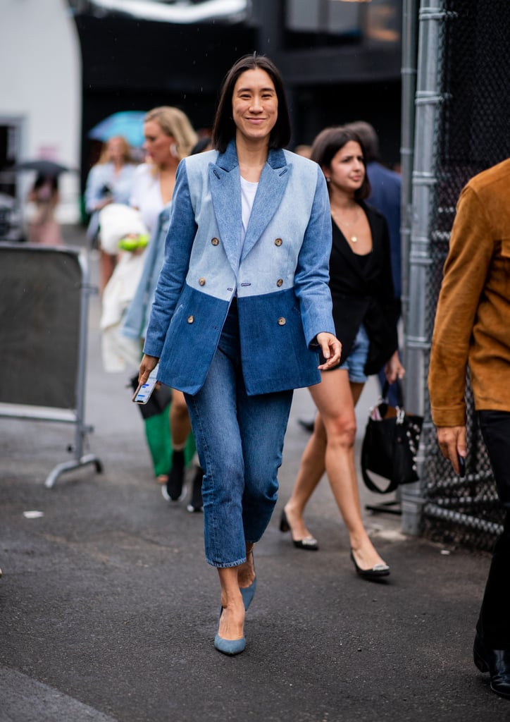 For a tailored take, try a denim blazer with cropped jeans and pumps.