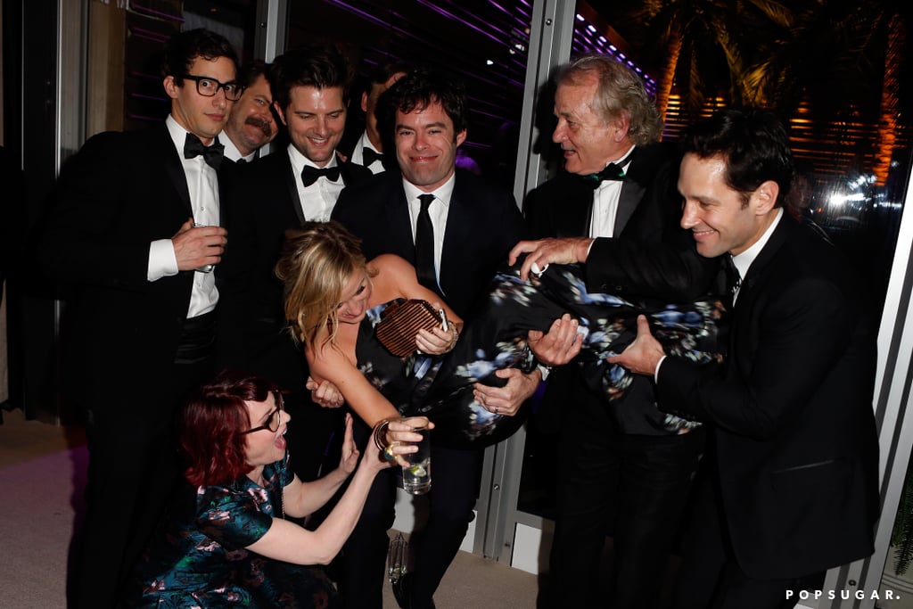 Amy Poehler got a lift from Andy Samberg, Nick Offerman, Bill Hader, Adam Scott, Bill Murray, and Paul Rudd with a little extra help from Megan Mullally at the Vanity Fair afterparty.