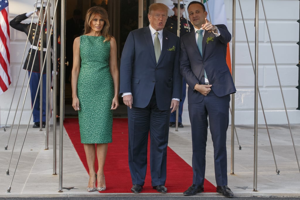 The Trumps greeted Prime Minister Leo Varadkar of Ireland on March 15. Melania wore a green sheath dress from Brandon Maxwell and a pair of Christian Louboutin snakeskin pumps.
