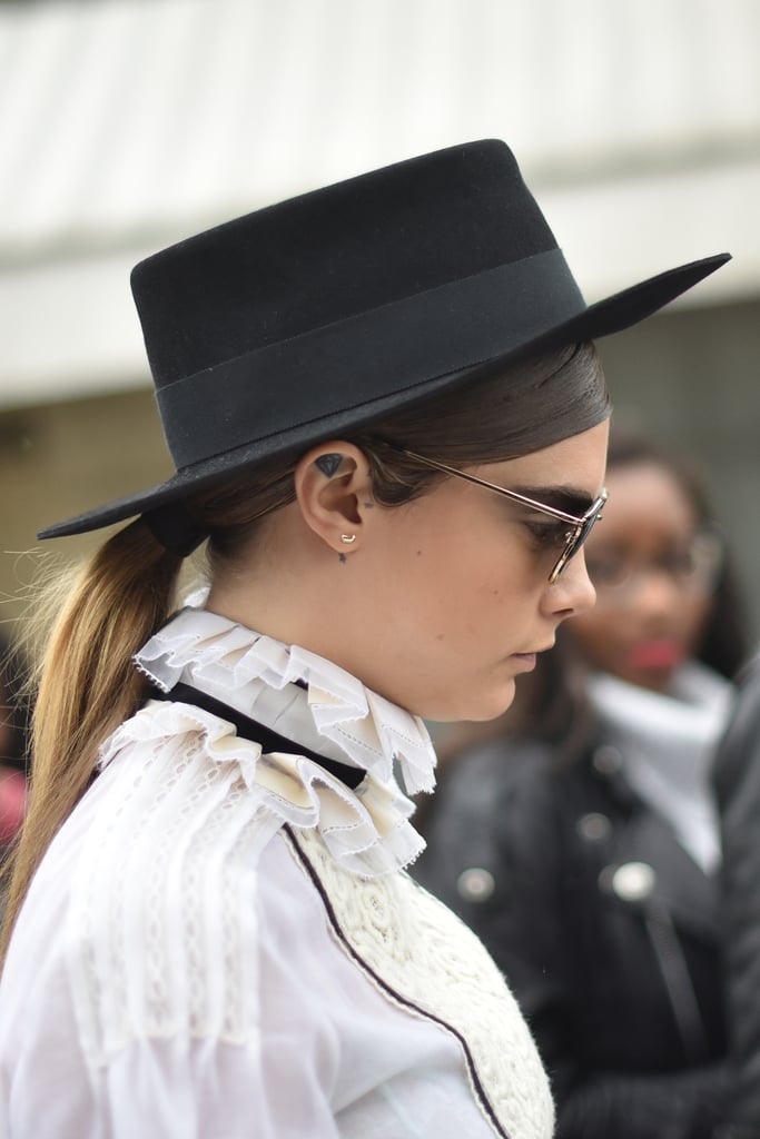 Cara Delevingne's Boater Hat and Low Ponytail, 2015