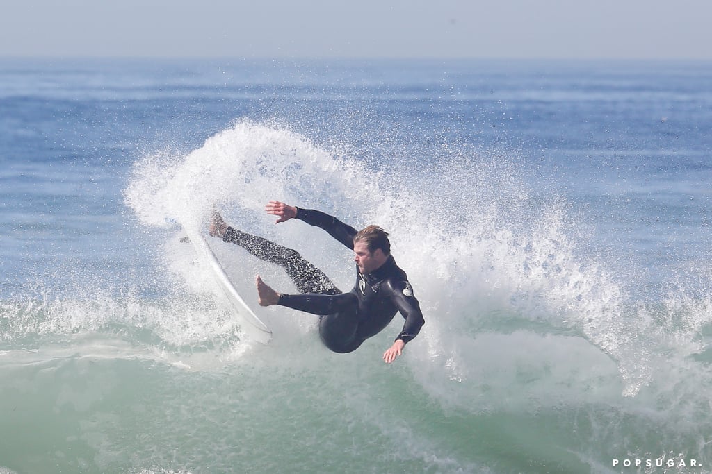 Chris Hemsworth showed off his surfing moves at a beach in LA on Saturday.