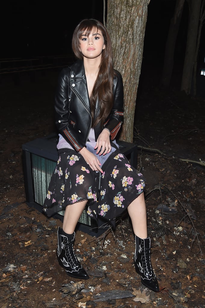 A Floral Midi Dress and Leather Jacket in NYC at Coach's A/W 2018 Fashion Show