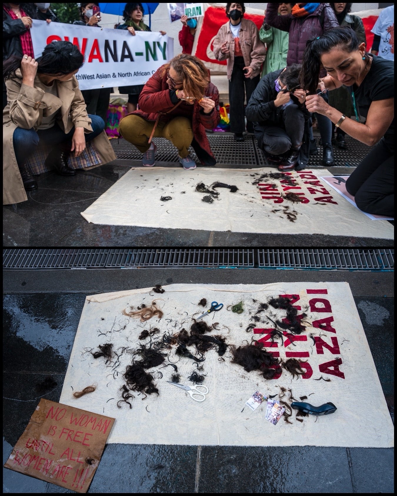 Protesters cut their hair in New York City on Oct. 2.