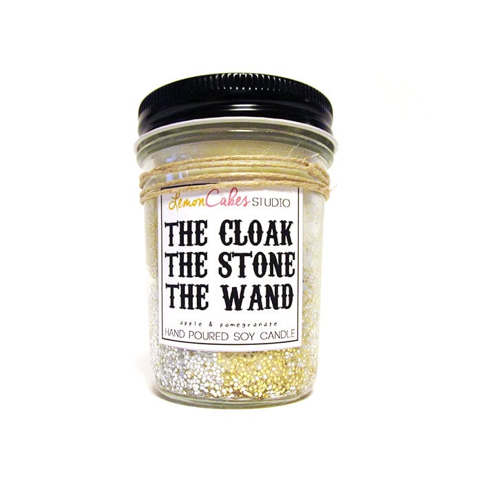 The Cloak, The Stone, The Wand candle ($12) with apple and pomegranate notes