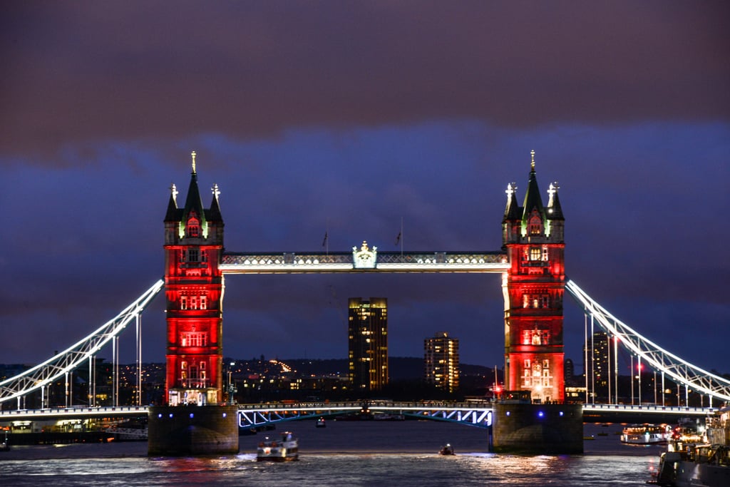 London's Tower Bridge was one of the many monuments worldwide to display France's national colors.