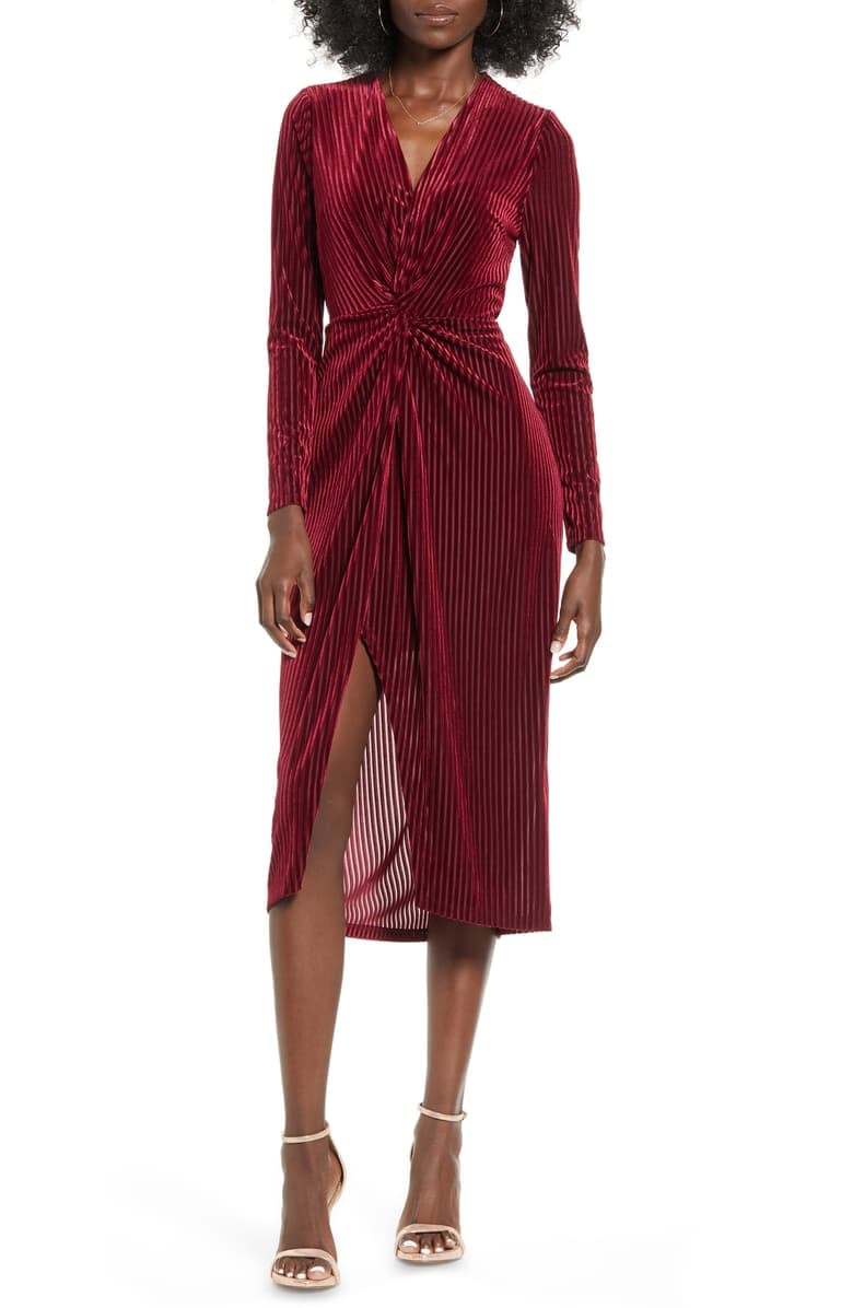 All in Favor Knot Long Sleeve Velvet Rib Midi Dress