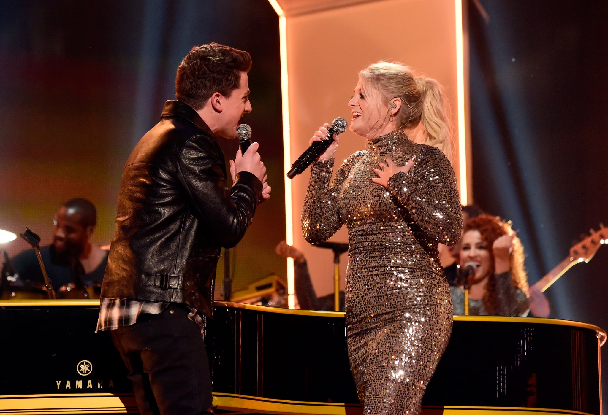 LOS ANGELES, CA - NOVEMBER 22:  Singers Charlie Puth (L) and Meghan Trainor perform onstage during the 2015 American Music Awards at Microsoft Theatre on November 22, 2015 in Los Angeles, California.  (Photo by Frazer Harrison/AMA2015/Getty Images for dcp)