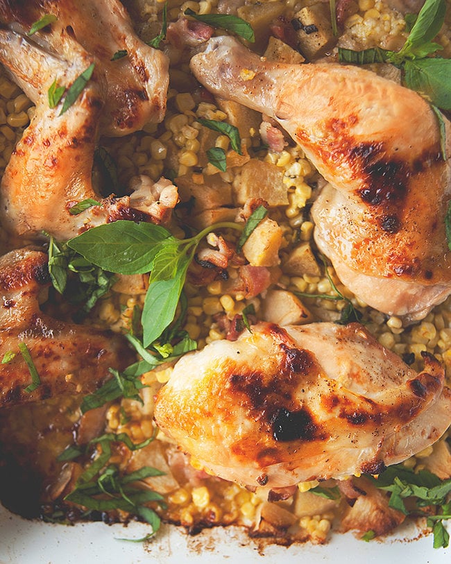 Buy bone-in, skin-on chicken breasts.