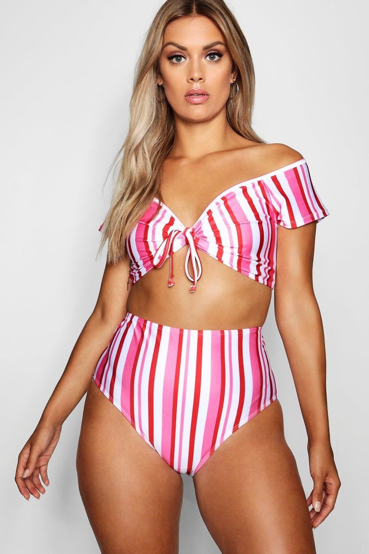 Boohoo Stripe Bardot High Waist Bikini Iskra Lawrence Pink Bikini