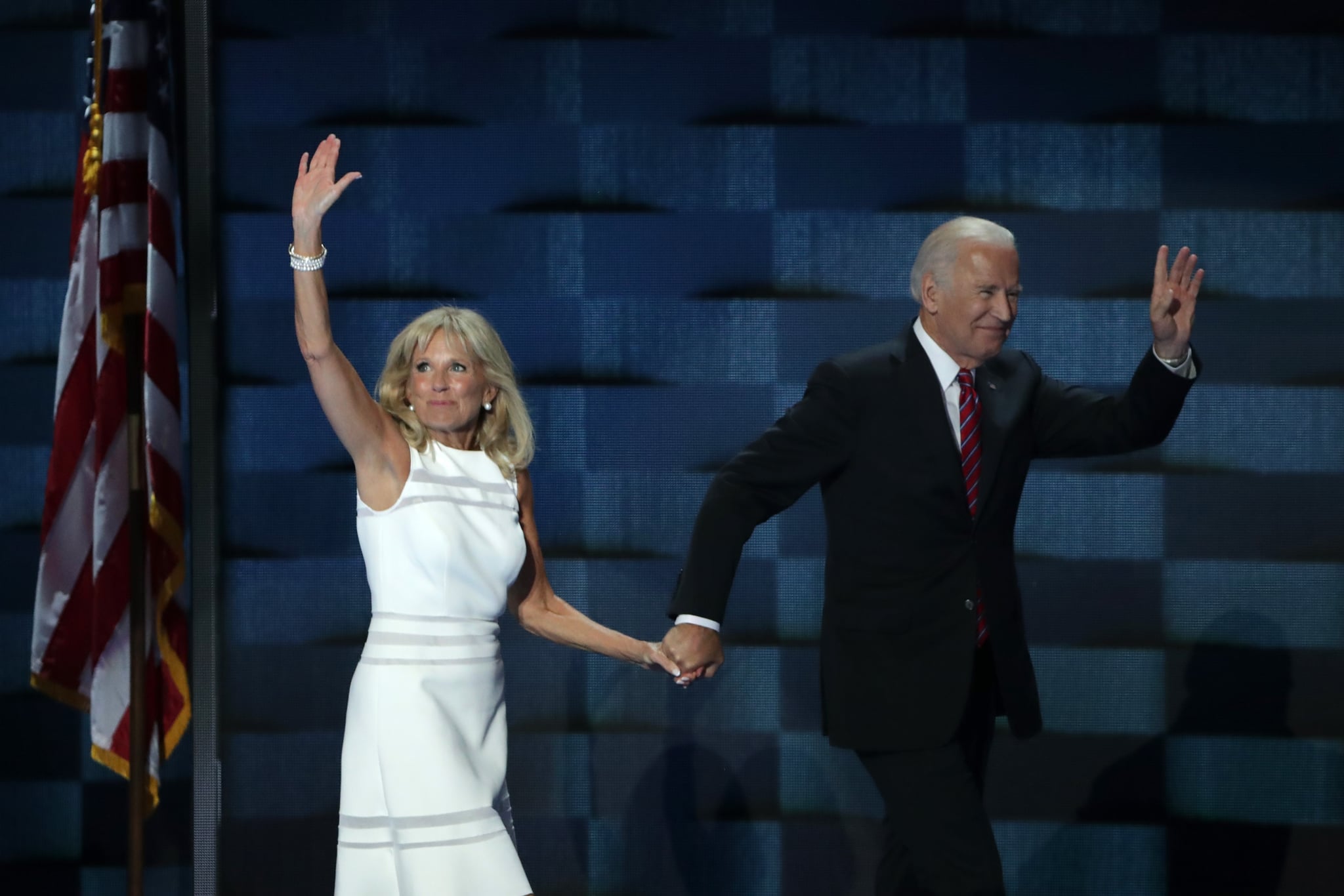 PHILADELPHIA, PA - JULY 27:  US Vice President Joe Biden and his wife Jill Biden, wave to the crowd after delivering remarks on the third day of the Democratic National Convention at the Wells Fargo Centre, July 27, 2016 in Philadelphia, Pennsylvania. Democratic presidential candidate Hillary Clinton received the number of votes needed to secure the party's nomination. An estimated 50,000 people are expected in Philadelphia, including hundreds of protesters and members of the media. The four-day Democratic National Convention kicked off July 25.  (Photo by Alex Wong/Getty Images)