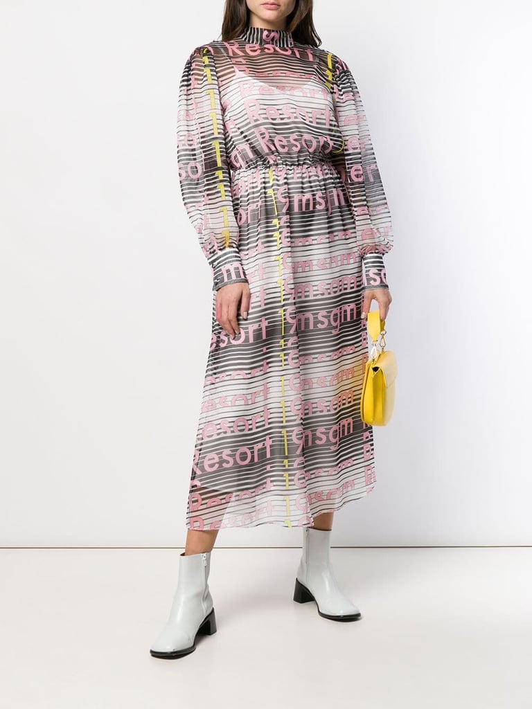 MSGM Striped Logo Print Pussy Bow Dress