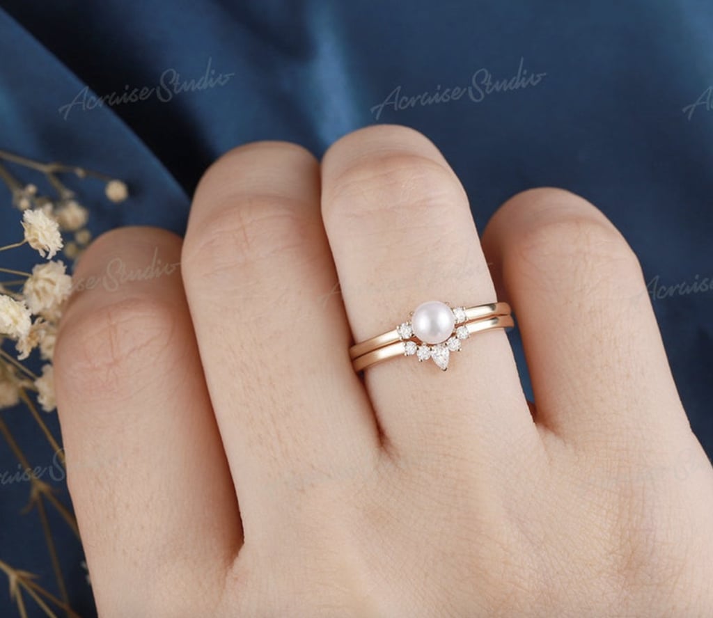 Vintage Pearl Engagement Ring Set