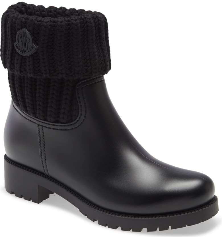 Moncler Ginette Knit Cuff Leather Rain Boot