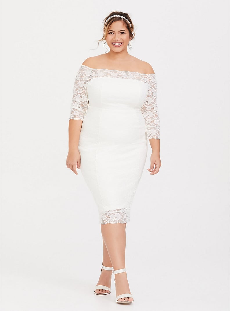 Torrid Special Occasion Ivory Lace Off Shoulder Bodycon Dress