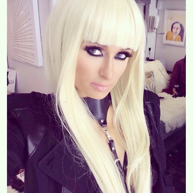 Paris wore a "#PlatinumBlonde" wig. | Paris Hilton Filming Music Video
