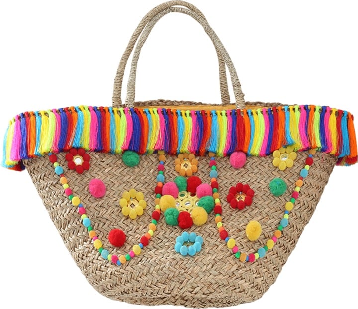 Mystique Key West Pom Pom Straw Basket
