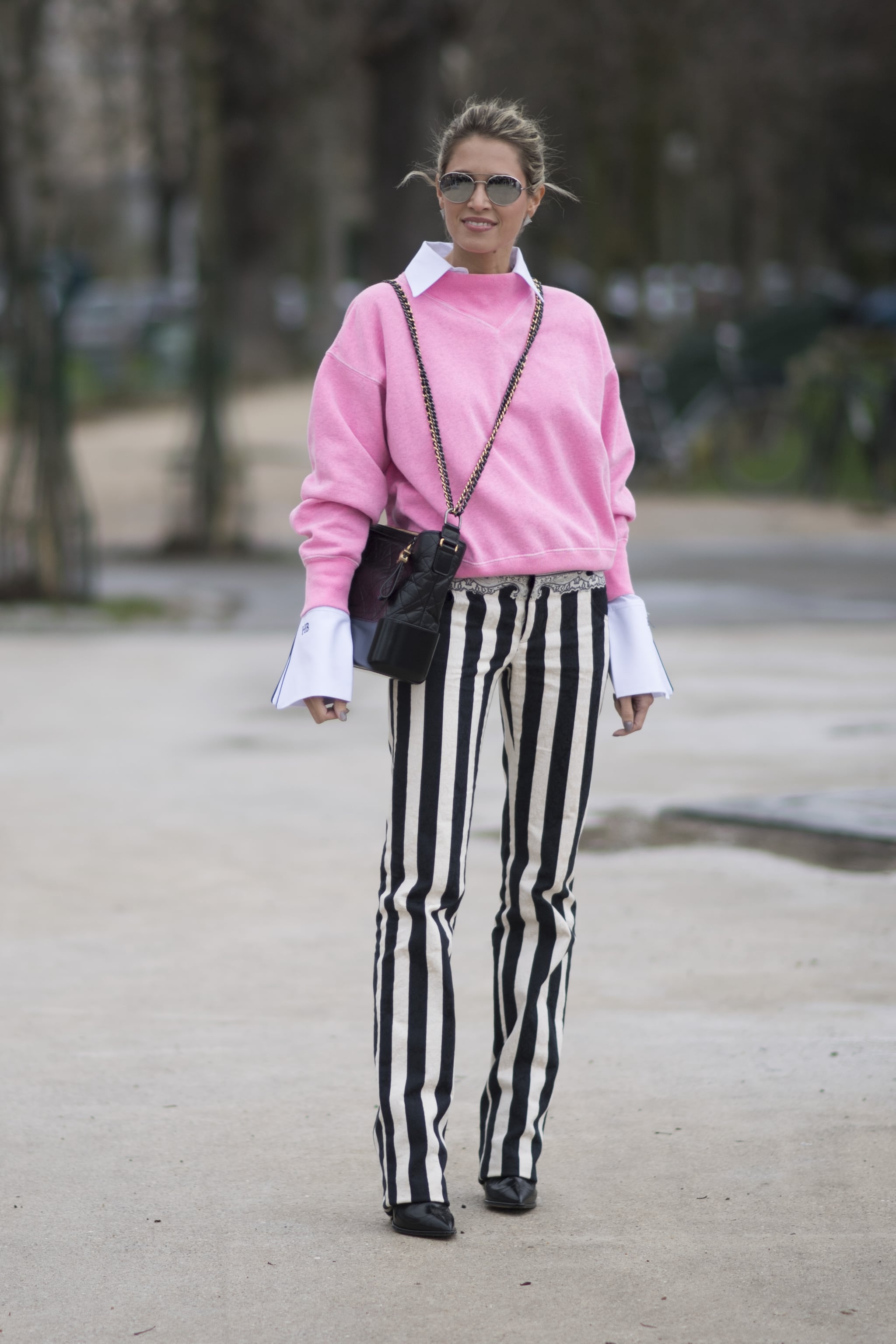 pink and white striped trousers
