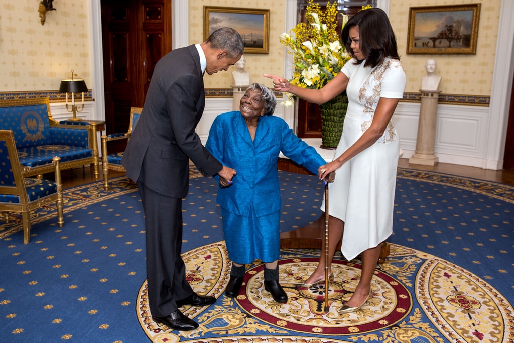 Michelle Obama Wears a White Lace Dress to Meet 106-Year-Old