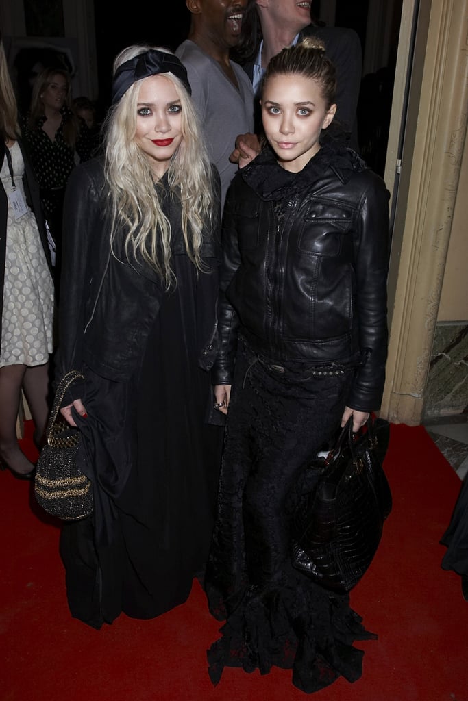 Twinning combo: It was all about leather jackets and black maxis for the Giambattista Valli Fall/Winter 2007 show during Paris Fashion Week.

Mary-Kate finished off her LBG — long black gown — with an open leather jacket, satin turbin, and beaded bag.
Ashley zipped her soft leather topper over a dramatic lace gown and toted a black crocodile bag.