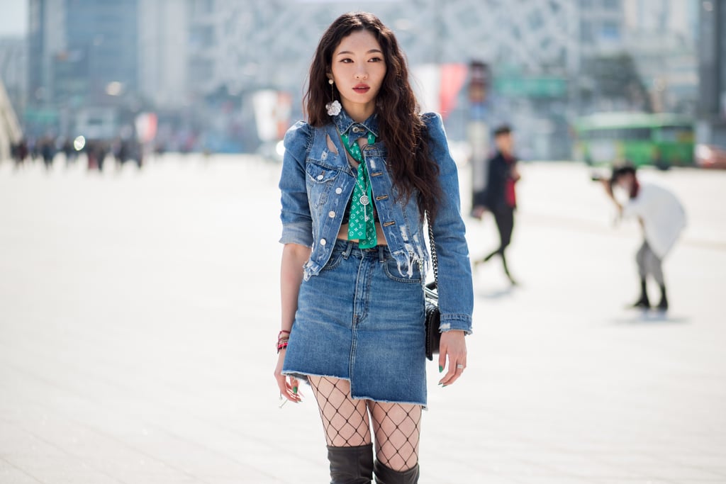 Style a Denim Skirt With a Matching Jacket and Fishnet Stockings