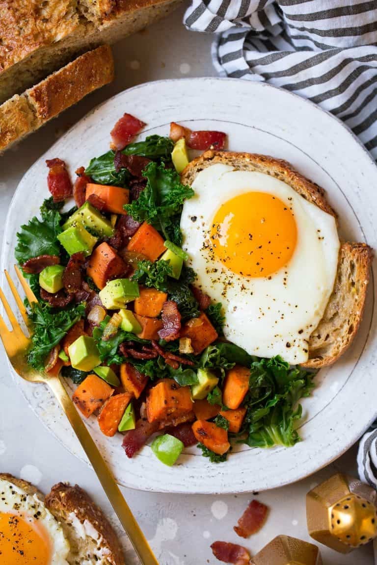 Sweet Potato, Kale, Bacon, and Avocado Hash