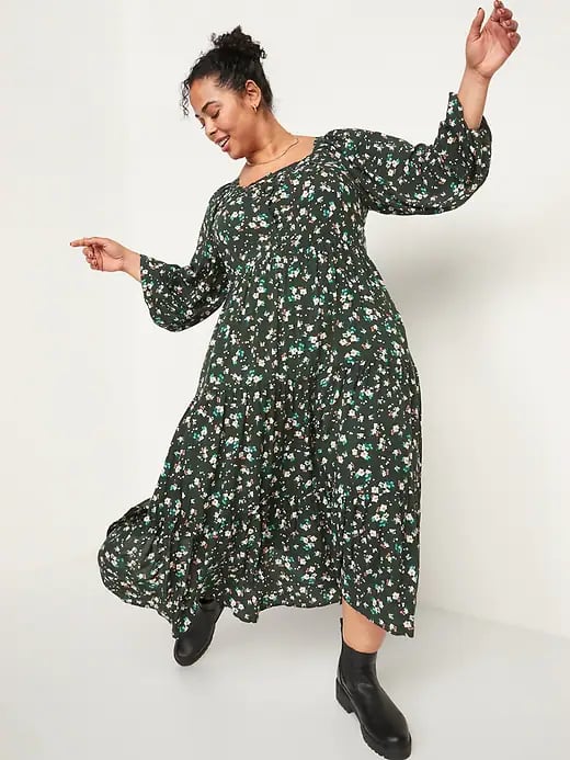 Long-Sleeve Tiered Floral Midi Swing Dress
