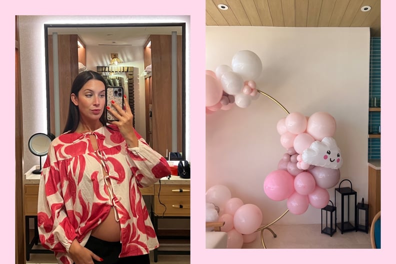 collage of pregnant woman on her hatchelorette and baby shower balloos