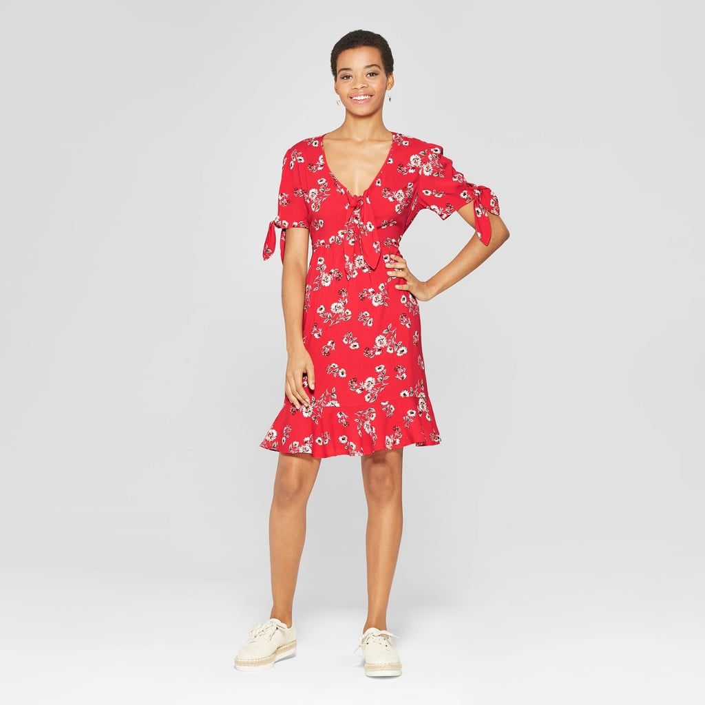 Floral Print Short Sleeve Tie Front Shirtdress