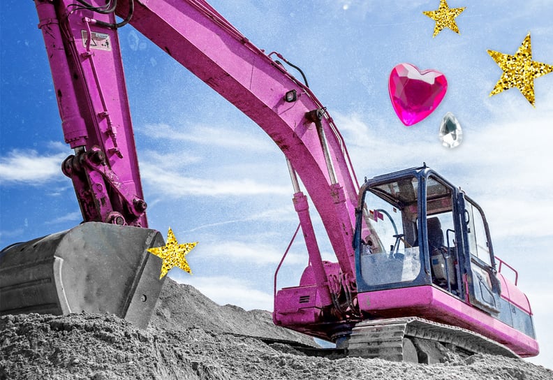 A pink excavator construction vehicle dredges up dirt, with bedazzled hearts and stars collaged on top.