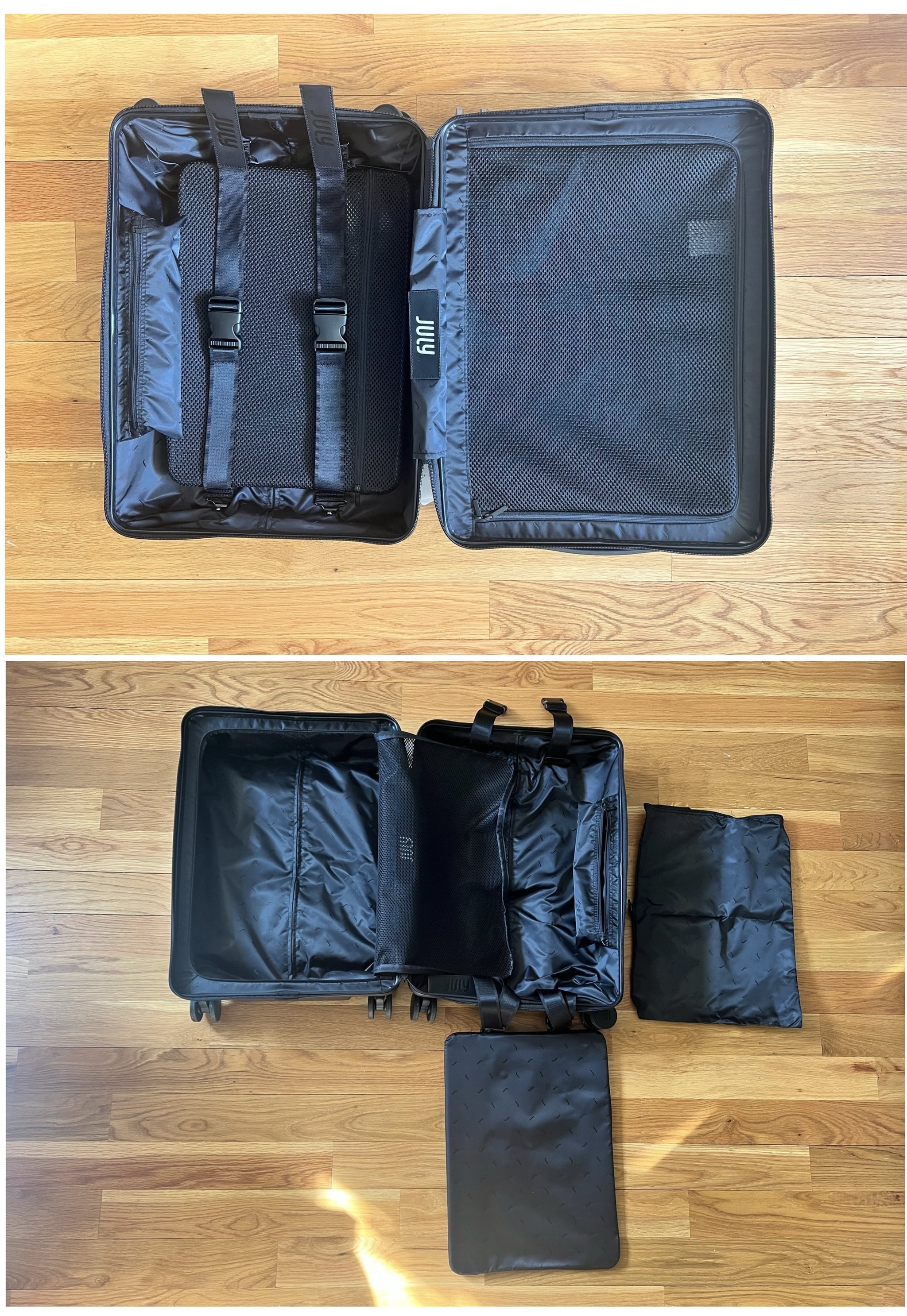 The July Carry-On Pro suitcase in charcoal empty.
