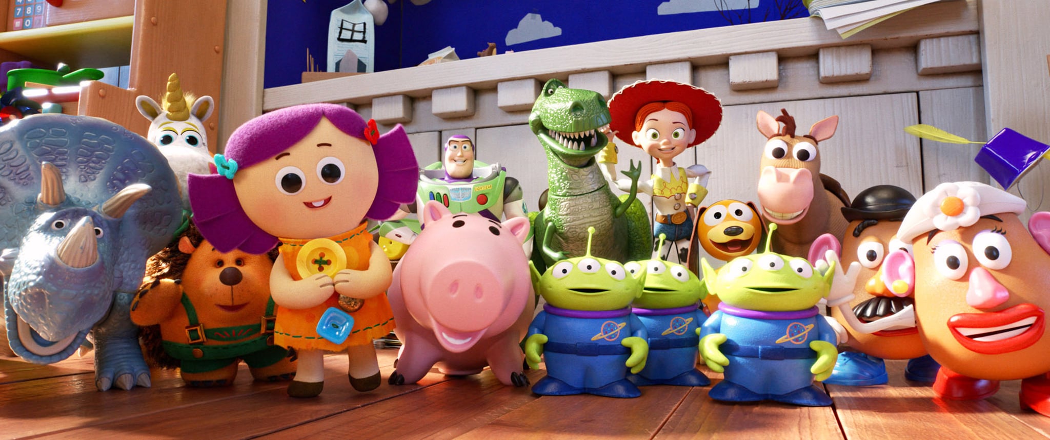 TOY STORY 4, rear from left: Buttercup, Buzz Lightyear, Rex, Jessie, Slinky Dog, Bullseye; front from left: Trixie, Mr. Pricklepants, Dolly, Squeeze Toy Aliens, Mr. Potato Head, Mrs. Potato Head, 2019.  Walt Disney Studios Motion Pictures / courtesy Everett Collection