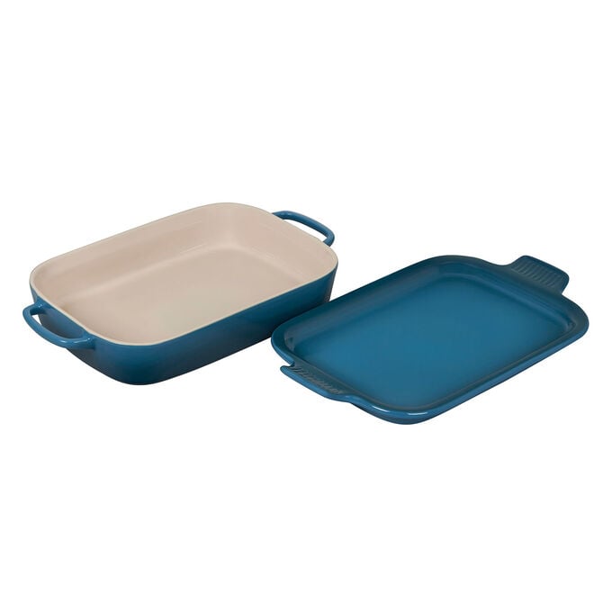 A Luxe Stoneware Dish: Le Creuset Rectangular Baker with Platter Lid