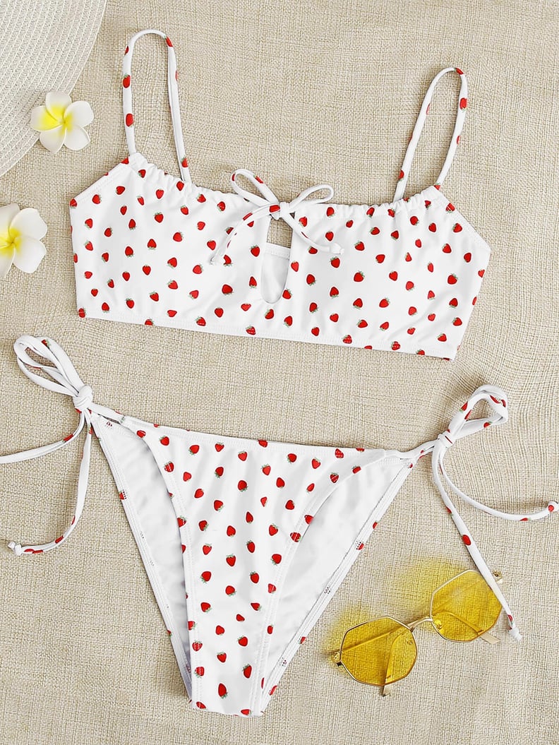 Shein Strawberry Print Tie Side Bikini Swimsuit