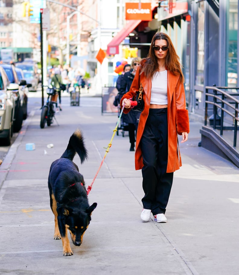 Emily Ratajkowski Wearing a Faux-Fur Vegan Leather Coat in NYC