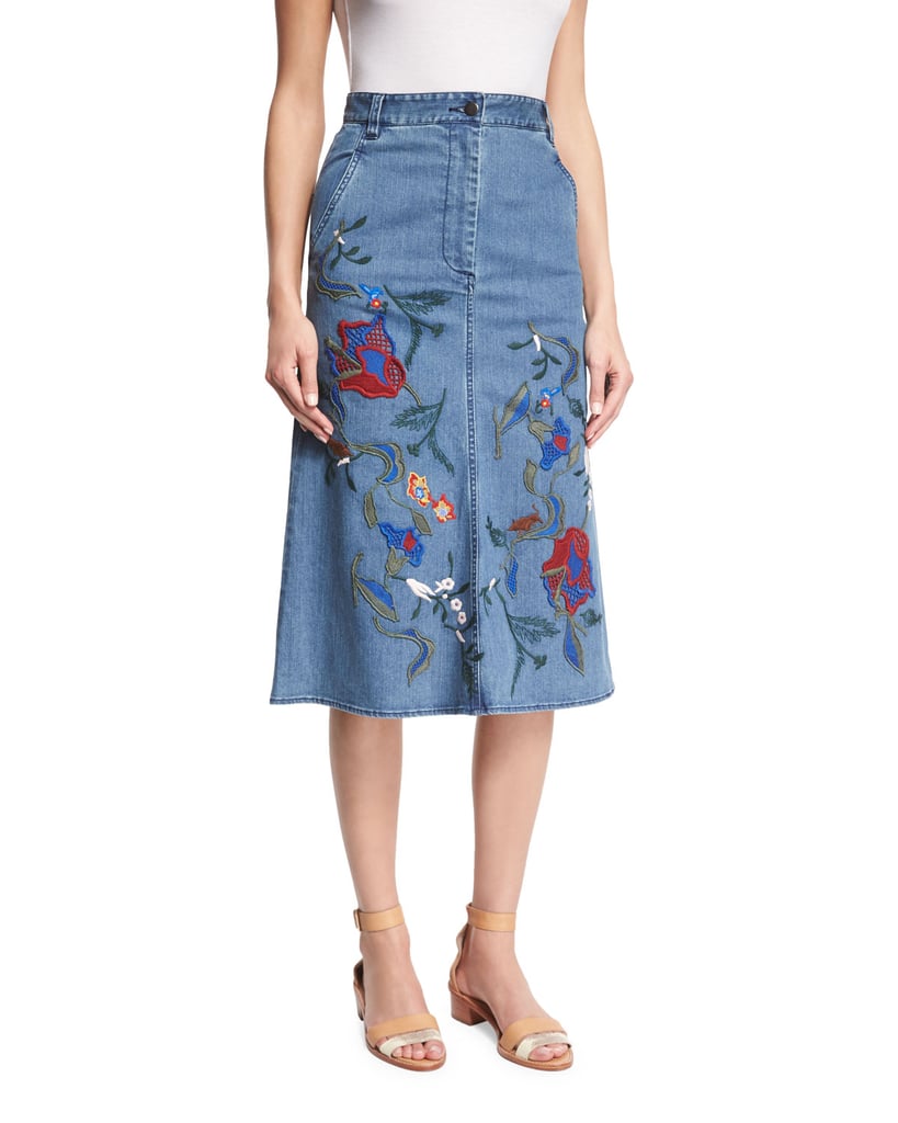 Tibi Marisol Embroidered Denim Midi Skirt, Vinde ($395)