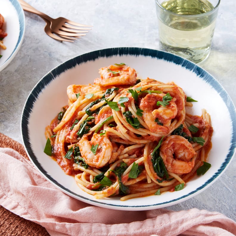 Shrimp Marinara With Spaghetti, Spinach, and Parsley