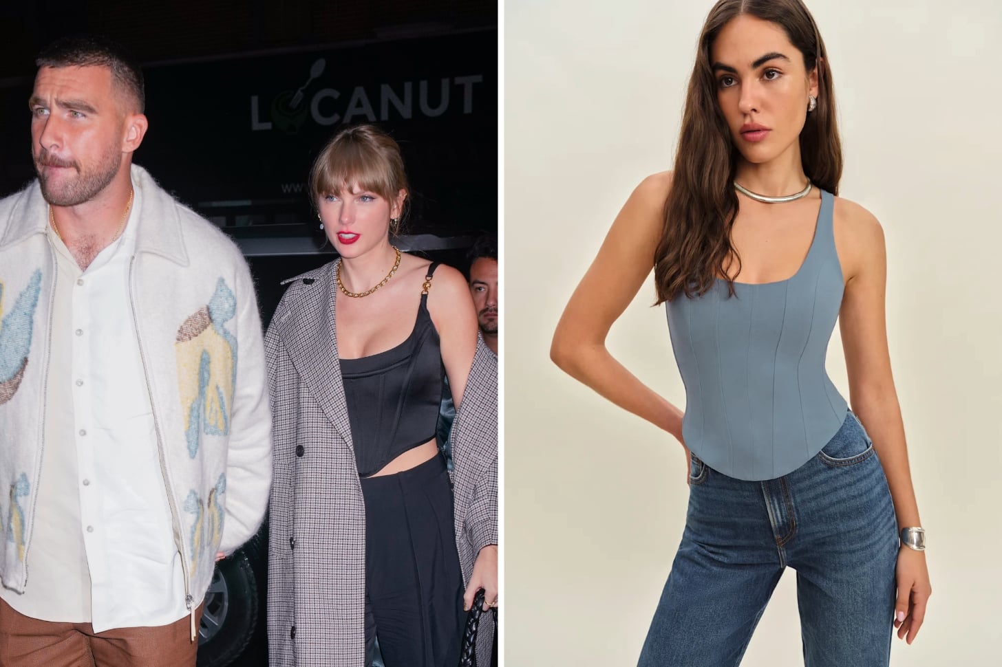 Travis Kelce and Taylor Swift step out for date night in a corset top. 