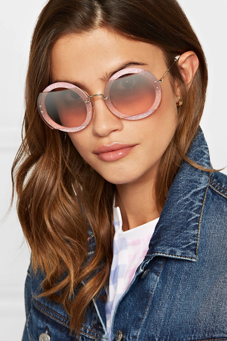 Miu Miu Cutout Round-Frame Glittered Acetate and Gold-Tone Sunglasses
