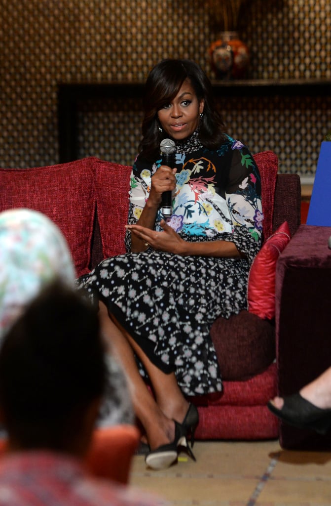 The first lady sat down to speak to young women in Morocco, selecting a brilliant Peter Pilotto design.
